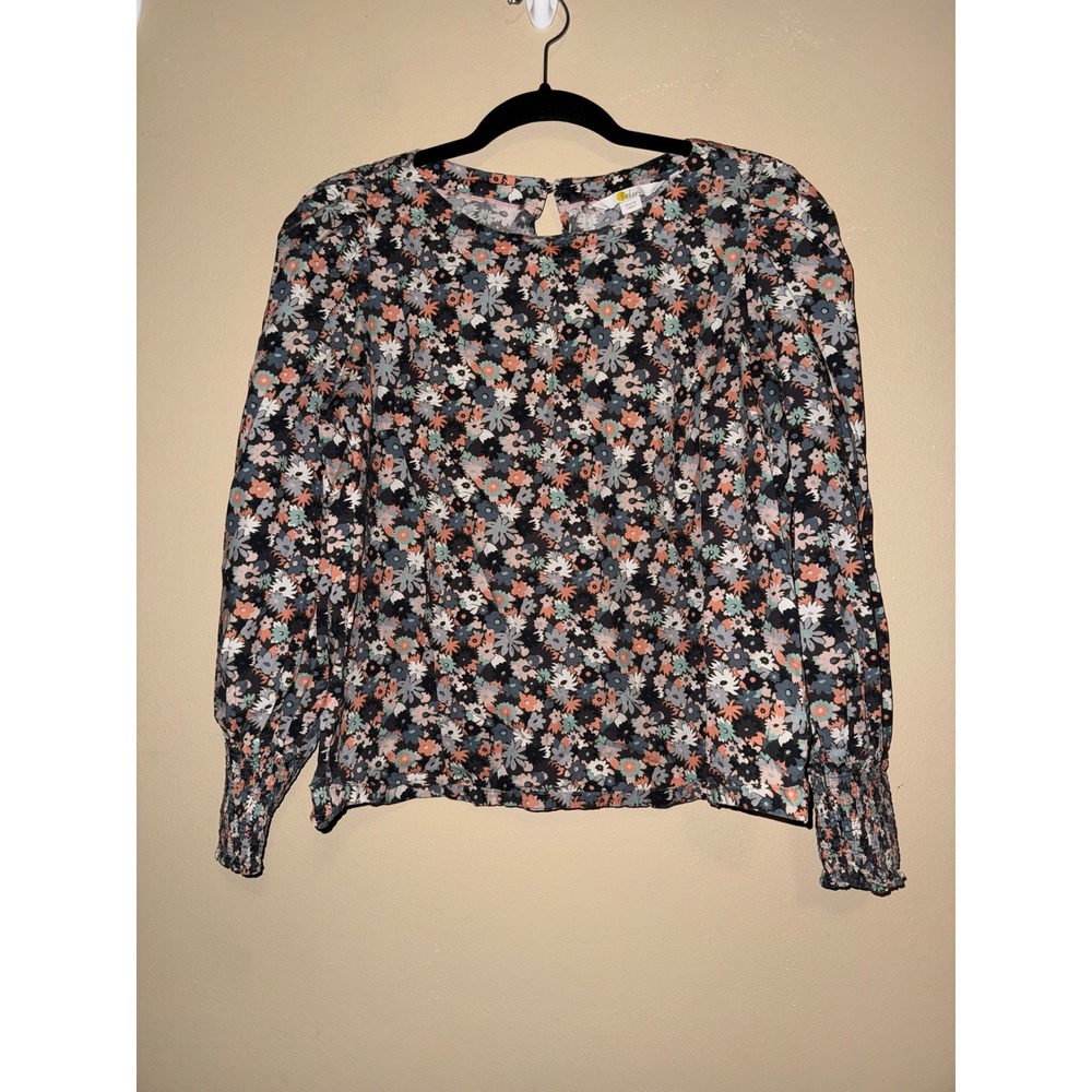 Boden Cotton Floral Long Sleeve Smocked Cuff Blouse Black Blue Peach US 8 Office